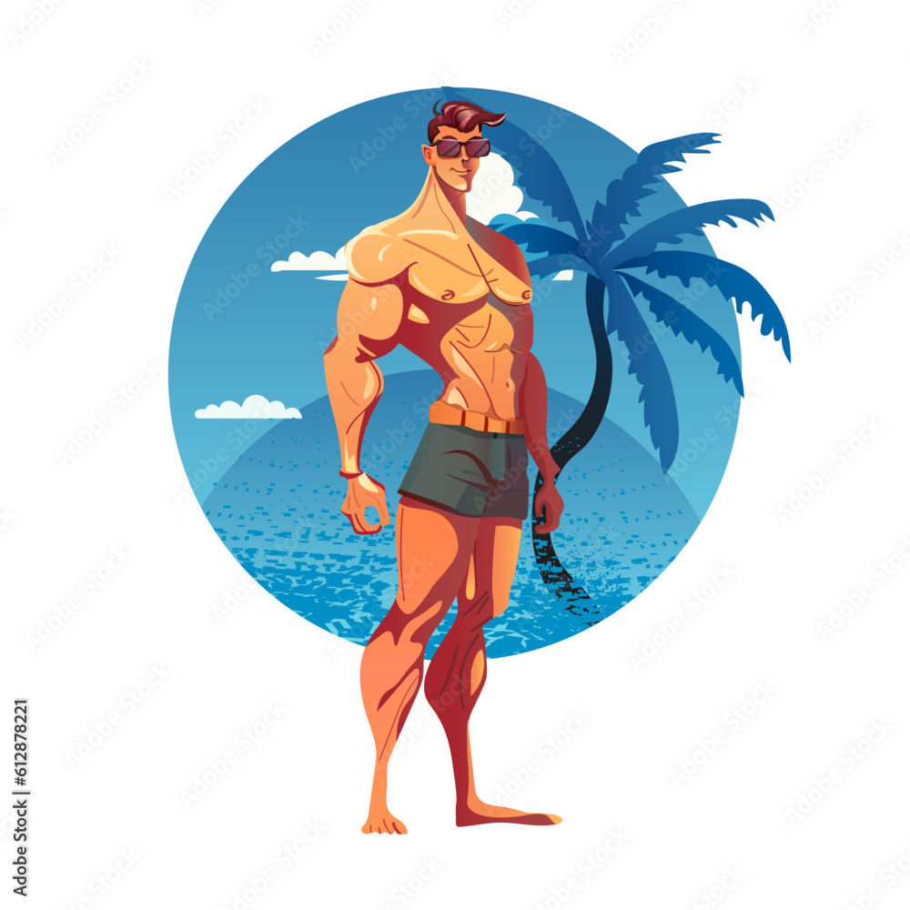 Character, handsome guy , on the beach, pumped up boy