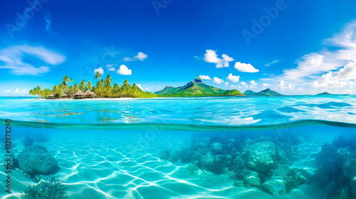 resort for diving, paradise island with sandy beach and palm trees in the turquoise ocean, banner, made with Generative AI