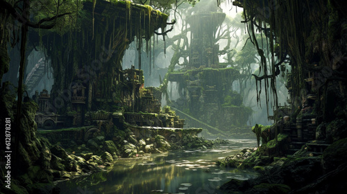 Otherworldly Swamp Ruins. Secrets Concealed Among Giant Trees. Fantastical Swamp Ruins Wallpaper. Generative AI © Immersive Dimension