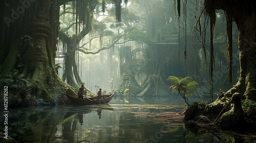 Exploring the Fantastical Swamp Ruins. Giant Tree Forest Secrets. Fantastical Swamp Ruins Wallpaper. Generative AI © Immersive Dimension