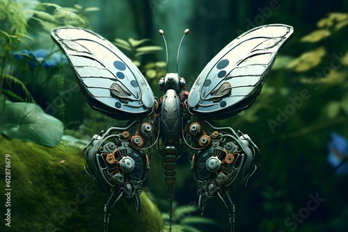 butterfly robot in the middle of an imaginary forest. generative AI