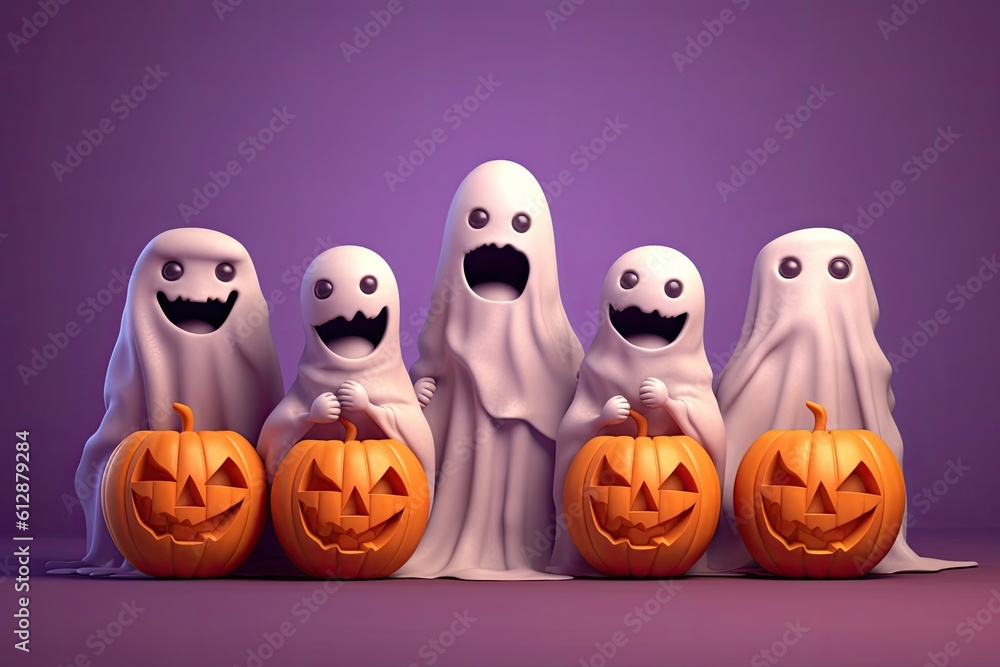 Cute halloween ghosts with pumpkins on violet background. Generated by AI Cute halloween ghosts with pumpkins on violet background. Generated by AI