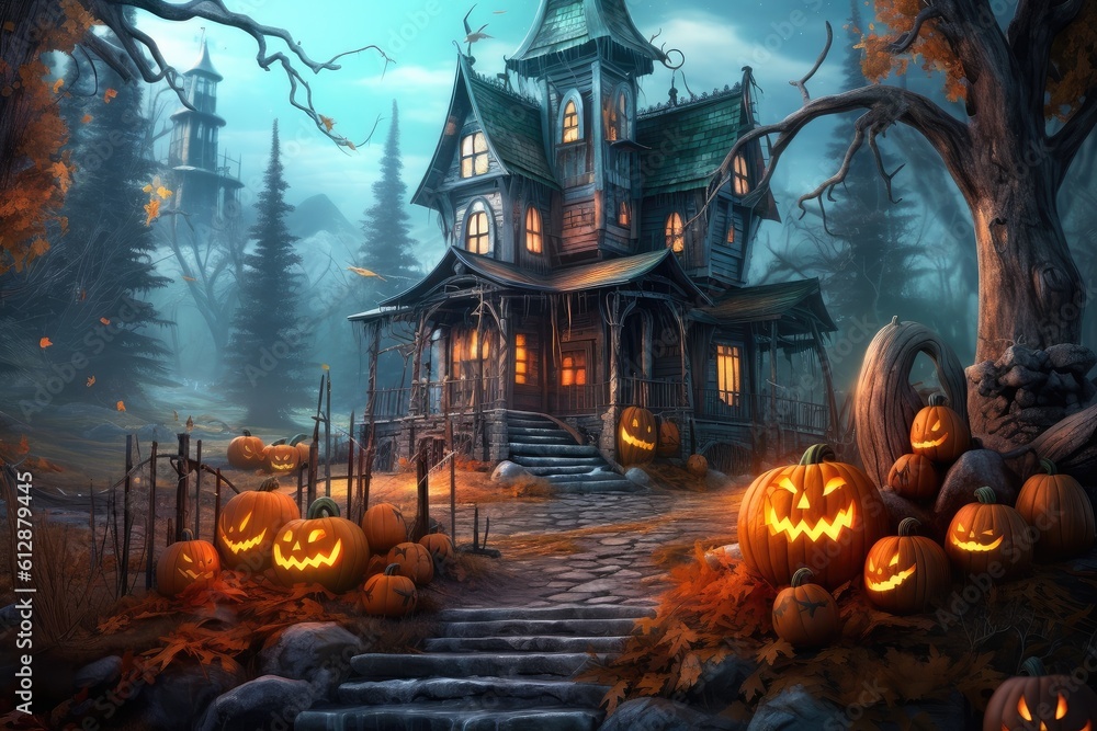 Spooky haunted house on halloween night, dark halloween house with pumpkins. Generated by AI