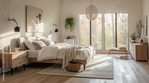 Bedroom decor, home interior design . Scandinavian Minimalist style with Statement Pendant decorated with Wood and White Walls material . Generative AI AIG26. photo