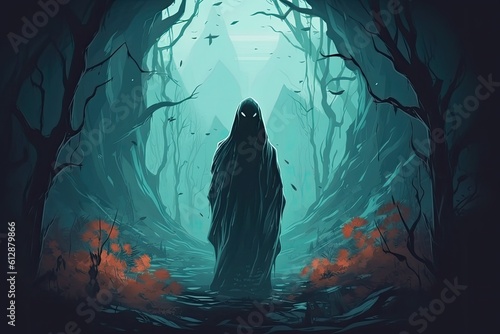 Ghost spirit in the forest, halloween poster background. Generative by AI