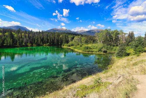 Fototapeta Naklejka Na Ścianę i Meble -  Crystal clear, emerald and sapphire hued lake waters in the Valley of Five Lakes region of Jasper in the Canada Rockies