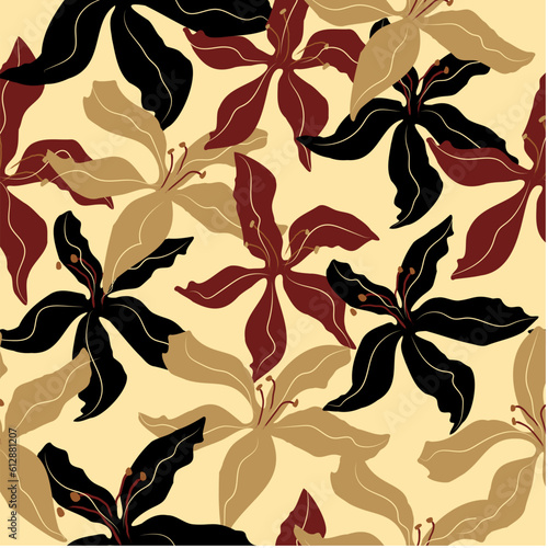 Hand drawn floral seamless repeat pattern. flowers and shapes in black beige and maroon background. floral textile print 