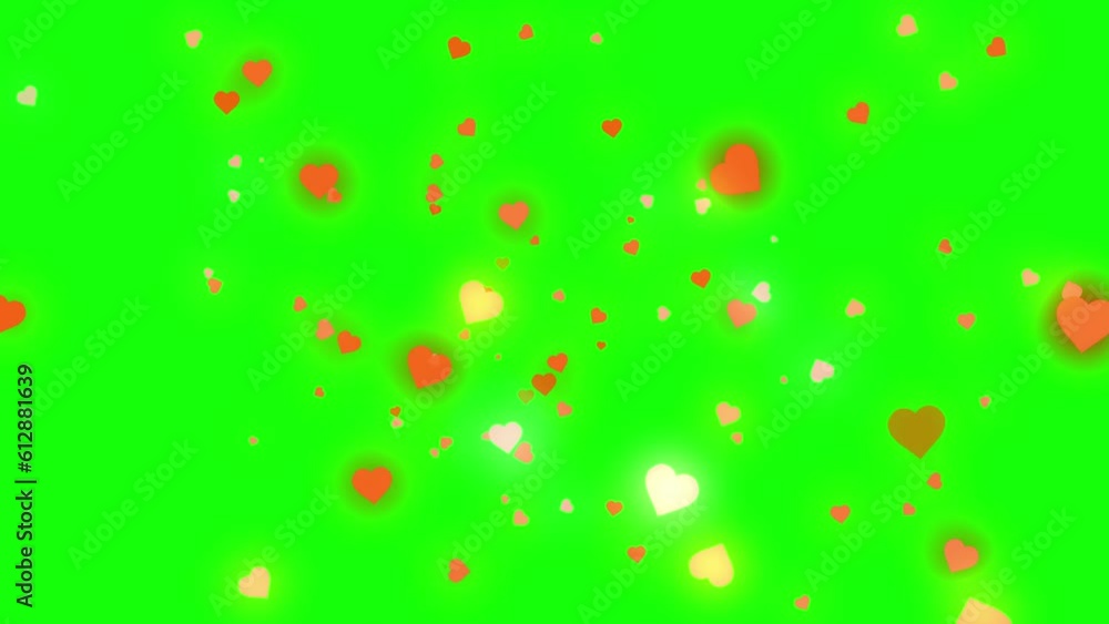 画面中央から溢れるグローがかかったオレンジハートのパーティクル。緑色のクロマキー背景。4Kモーショングラフィックスビデオ。ProRes422HQ。 画面中央から溢れるグローがかかったオレンジハートのパーティクル。緑色のクロマキー背景。4Kモーショングラフィックスビデオ。ProRes422HQ。