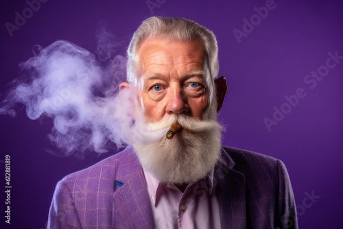Headshot portrait photography of a beautiful old man smoking an electronic cigarette against a lilac purple background. With generative AI technology