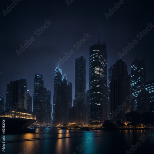 Showcase the beauty of urban architecture at night, capturing the city skyline with a long exposure technique to create mesmerizing light trails. GENERATED AI