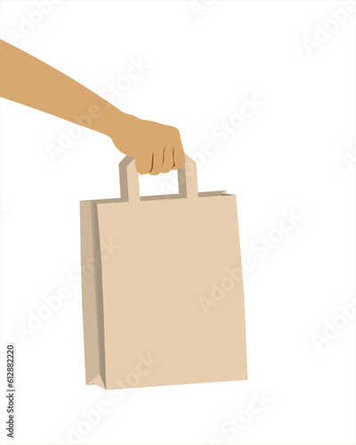 Hand holding shopping paper bag. Shopping or gift Bag. Shopping eco concept. Flat banner for concept of sale. Vector illustration isolated on white background