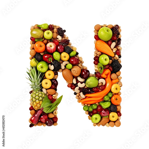 Alphabet or letter n from fresh vegetables and fruits  generative ai