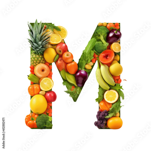 Alphabet or letter m from fresh vegetables and fruits  generative ai