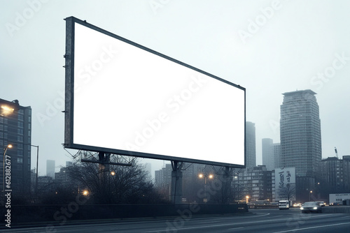 Transparent, empty, blank billboard mockup near a road for outdoor advertisement and promotion for commercial marketing. Generative AI