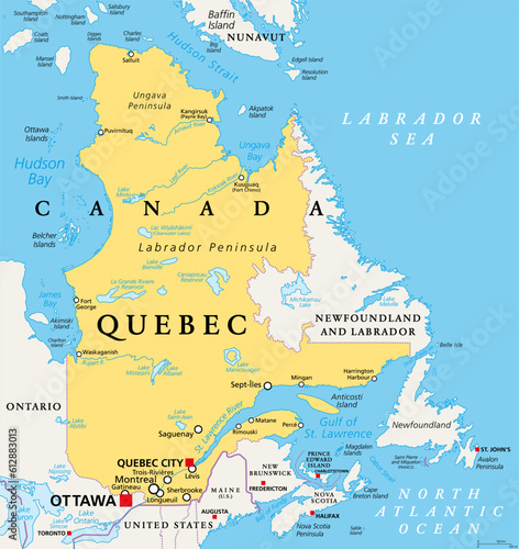 Quebec, largest province in the eastern part of Canada, political map. Largest province, located in Central Canada, with capital Quebec City and largest city Montreal, along the St. Lawrence River.  photo