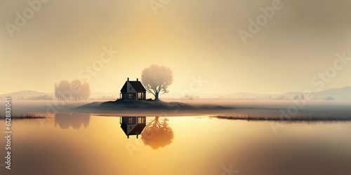 Ai generated illustration minimalist landscape with a misty serene lake © maylim