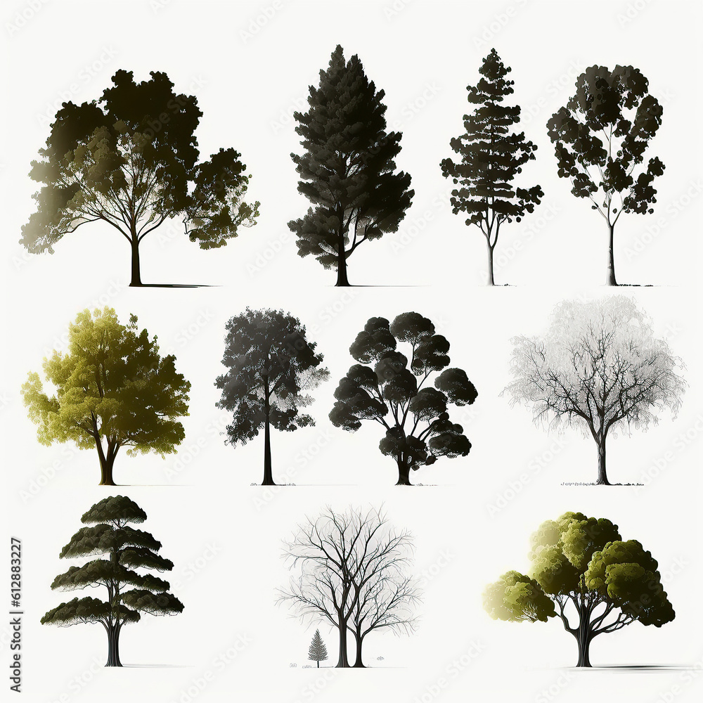 Fototapeta premium Ai generated illustration set of beautiful tree on a white background