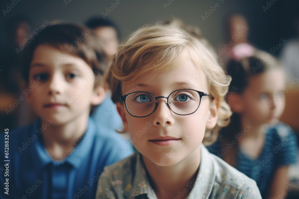 Smiling caucasian children in classroom. Generative AI Smiling caucasian children in classroom. Generative AI