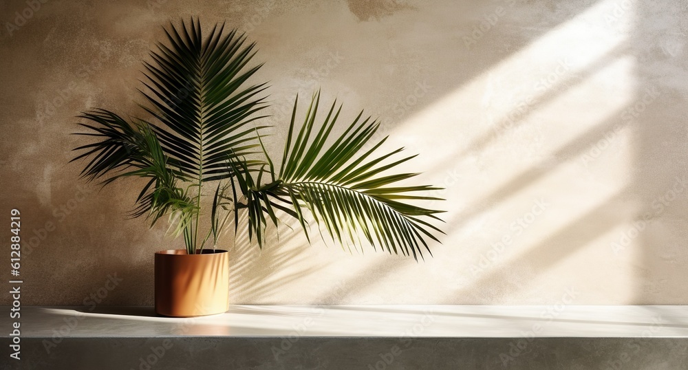 Fototapeta premium Brown cement wall and floor, palm tree in vase in a sunlight, long shadow for luxury interior design decoration, product display background, Generative ai