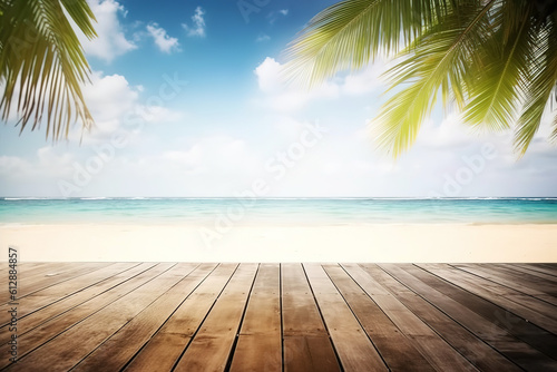 The wooden table above the beach and the palm leaves with a blurry background, © dashu83
