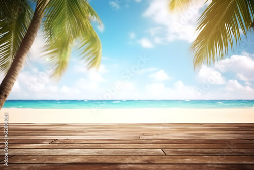 The wooden table above the beach and the palm leaves with a blurry background 