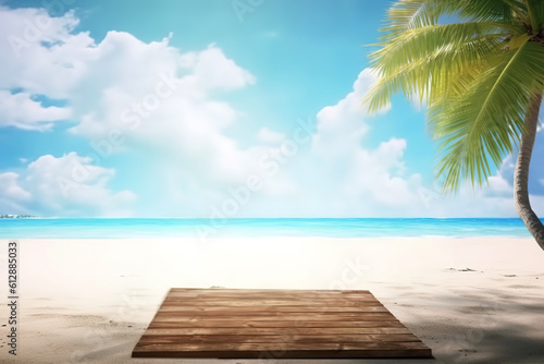The wooden table above the beach and the palm leaves with a blurry background 
