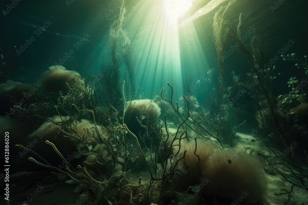 sea underwater landscape, sun rays. Copyspace. Generative AI sea underwater landscape, sun rays. Copyspace. Generative AI