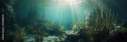 sea underwater landscape, sun rays.. Banner. Copyspace. Generative AI