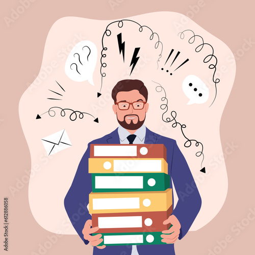 Businessman in stress. Vector illustration of cartoon young adult stressed in a blue suit with a lot of books and abstract elements on background