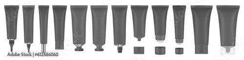 Set of black tubes and bottles. Roller ball tube. Open and closed blank tubes with screw cap. Realistic mockup. Long nozzle tube. Ointment or salve. Gel serum. Korean packaging