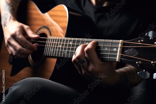 Detail of hands playing an acoustic guitar. Generative AI