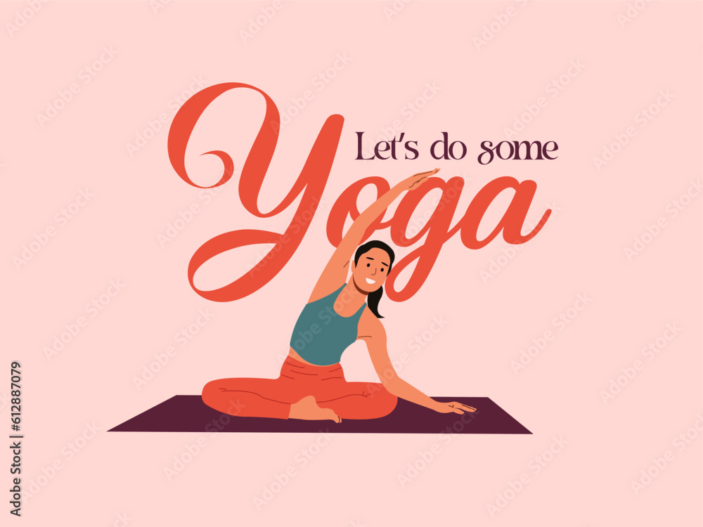 International yoga day big typography text with a woman practicing yoga illustration vector with pink fresh background social media post layout