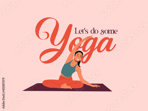 International yoga day big typography text with a woman practicing yoga illustration vector with pink fresh background social media post layout © Tiny Art Studio