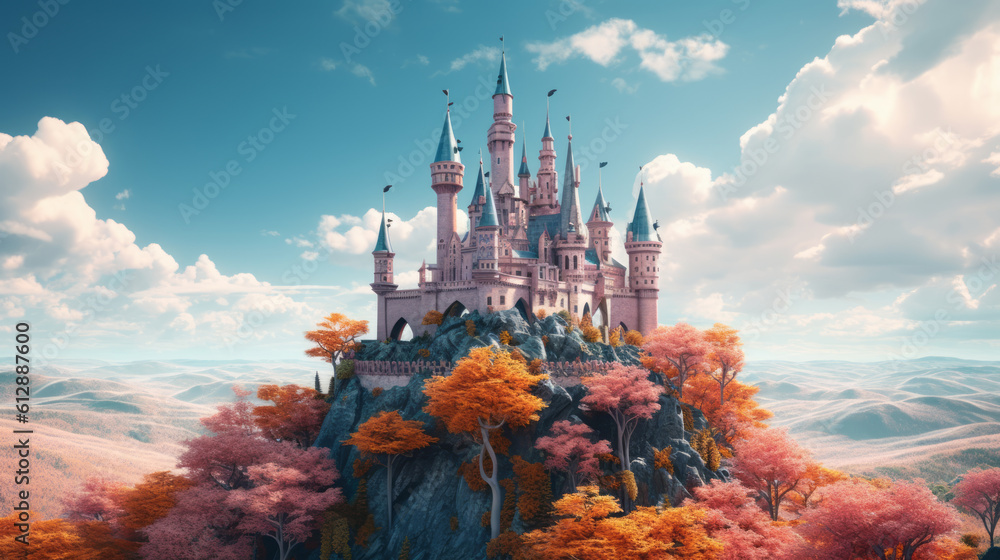 Fantasy fairytale castle on top of a hill surrounded by colourful trees ...