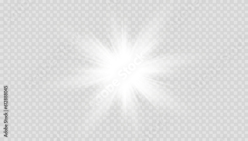 Glowing isolated white transparent set of light effects, glare, explosion, glitter, line, sun flare, spark and stars.Beautiful star.