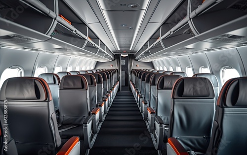 Modern empty airplane inside view with passenger seats generative ai