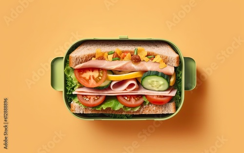 Fotografija Lunch box with sandwich and vegetables top view angle on isolated background gen