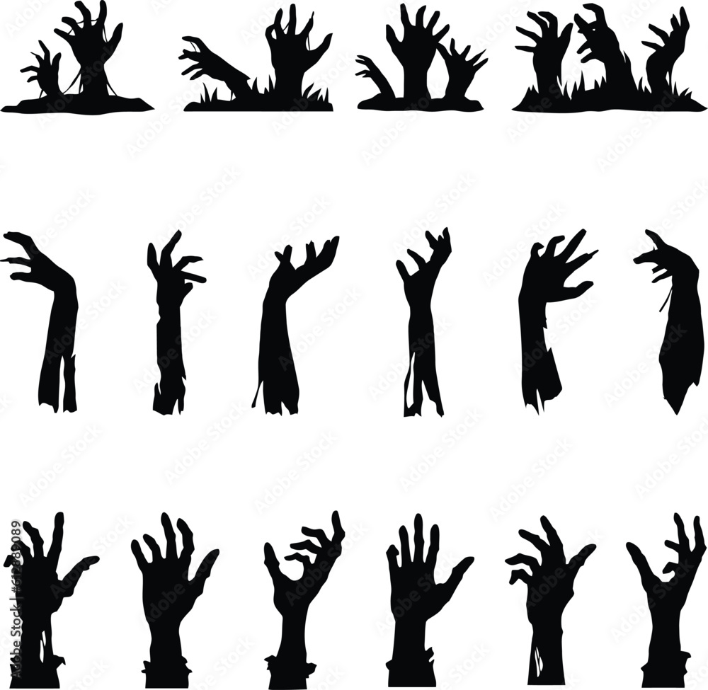 Eerie Encounters - Set of 16 Zombie Arm Black Vector Silhouettes for Halloween Design Eerie Encounters - Set of 16 Zombie Arm Black Vector Silhouettes for Halloween Design