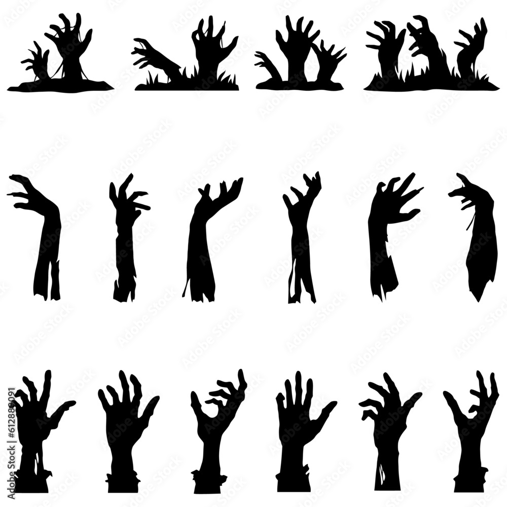 Eerie Encounters - Set of 16 Zombie Arm Black Vector Silhouettes for Halloween Design Eerie Encounters - Set of 16 Zombie Arm Black Vector Silhouettes for Halloween Design
