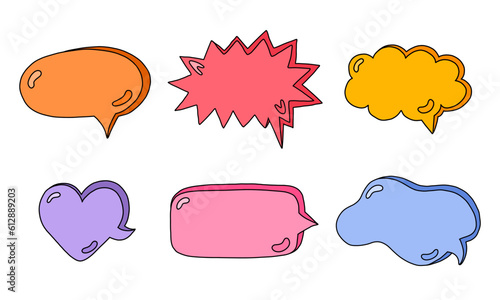 Hand drawn speech bubbles set. Empty online chat clouds in the different shapes. Oval, round, square, cloud, heart shaped bubbles for text, talk phrases, information. Colorful isolated doodles