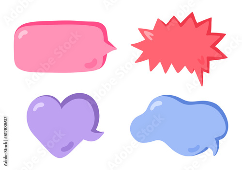 Hand drawn speech bubbles set. Empty online chat clouds in the different shapes. Oval, round, square, cloud, heart shaped bubbles for text, talk phrases, information. Colorful doodles isolated