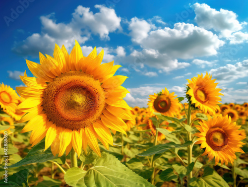 Sunflower field over cloudy blue sky background summer landscape © Veniamin Kraskov