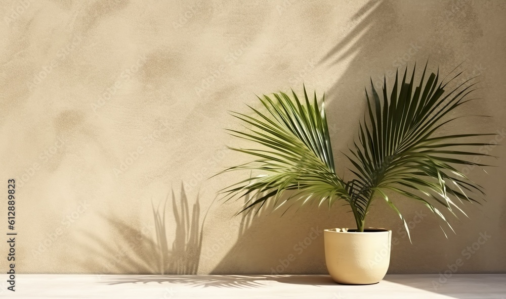 Gray cement wall and floor, palm tree in vase in a sunlight, shadow, sunrays effect from window, for luxury interior design decoration, product display background, Generative ai Gray cement wall and floor, palm tree in vase in a sunlight, shadow, sunrays effect from window, for luxury interior design decoration, product display background, Generative ai