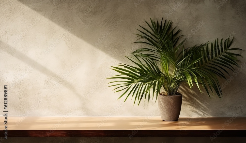 Gray cement wall and floor, palm tree in vase in a sunlight, shadow, sunrays effect from window, for luxury interior design decoration, product display background, Generative ai Gray cement wall and floor, palm tree in vase in a sunlight, shadow, sunrays effect from window, for luxury interior design decoration, product display background, Generative ai