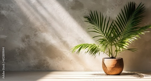 Gray cement wall and floor, palm tree in vase in a sunlight, shadow, sunrays effect from window, for luxury interior design decoration, product display background, Generative ai