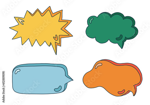 Hand drawn speech bubbles set. Empty online chat clouds in the different shapes. Oval, round, square, cloud, heart shaped bubbles for text, talk phrases, information. Colorful isolated doodles