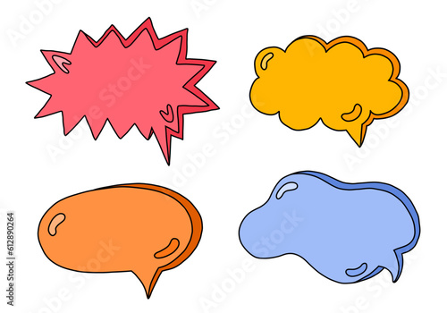 Hand drawn speech bubbles set. Empty online chat clouds in the different shapes. Oval, round, square, cloud, heart shaped bubbles for text, talk phrases, information. Colorful isolated doodles