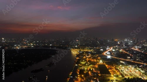 Hyperlapse timelap Aerial top view container cargo ship in import export business commercial trade logistic and transportation, many rows and stacks of container and big container loader ship vessel	
 photo