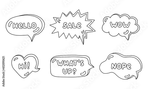 Trendy speech bubbles set with hand drawn talk phrases in the different shapes. Online chat clouds with dialog words Hello, What s up, Sale, Wow, Hi, Nope. Vector outline doodles isolated