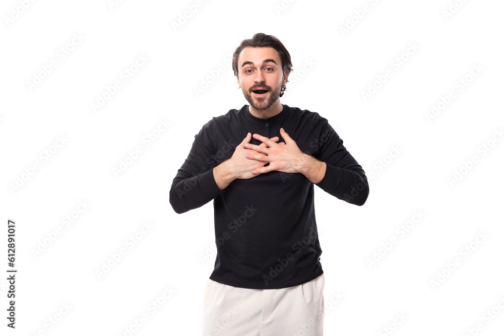 young shocked handsome caucasian brunette man with beard in informal style young shocked handsome caucasian brunette man with beard in informal style